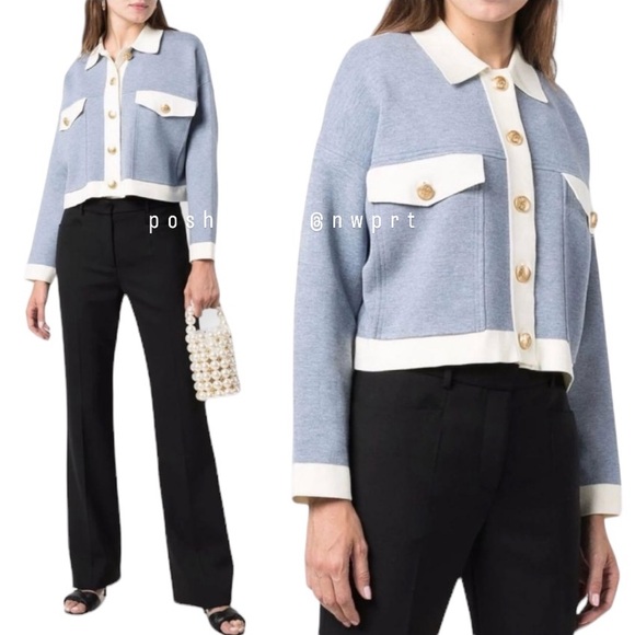 SANDRO Cher Coatigan Cardigan Jacket Sweater Top Bleu Ciel Blue White 0 XS - Picture 14 of 14